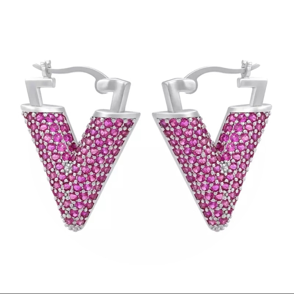 🆕 Dainty White 14k Micro Pavè Ruby Encrusted Triangle Drop Earrings NWT